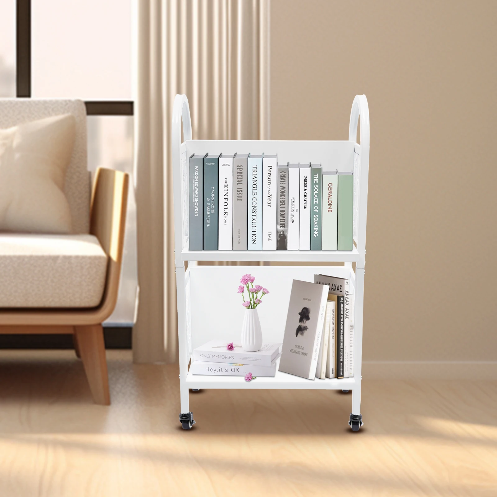 

Rolling Book Cart Mobile Bookshelf Trolley Cart Organizer with Wheels for Office, Living Room, Kitchen