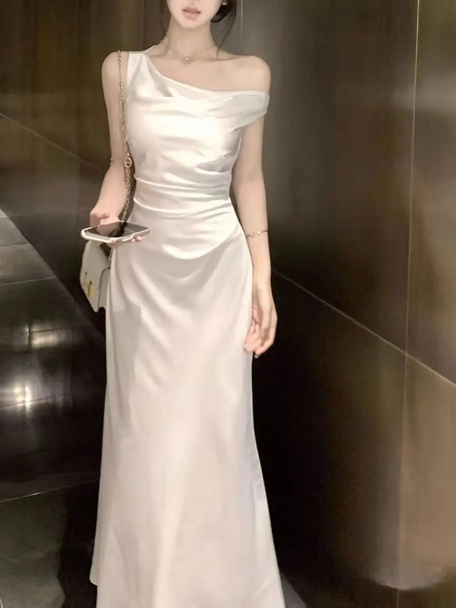 Elegant Pure Color Spring Summer Women's Dress Slant Shoulder Halter Neck Waist Cinch Fish Tail Wrap Long Gown Formal Ins Trend