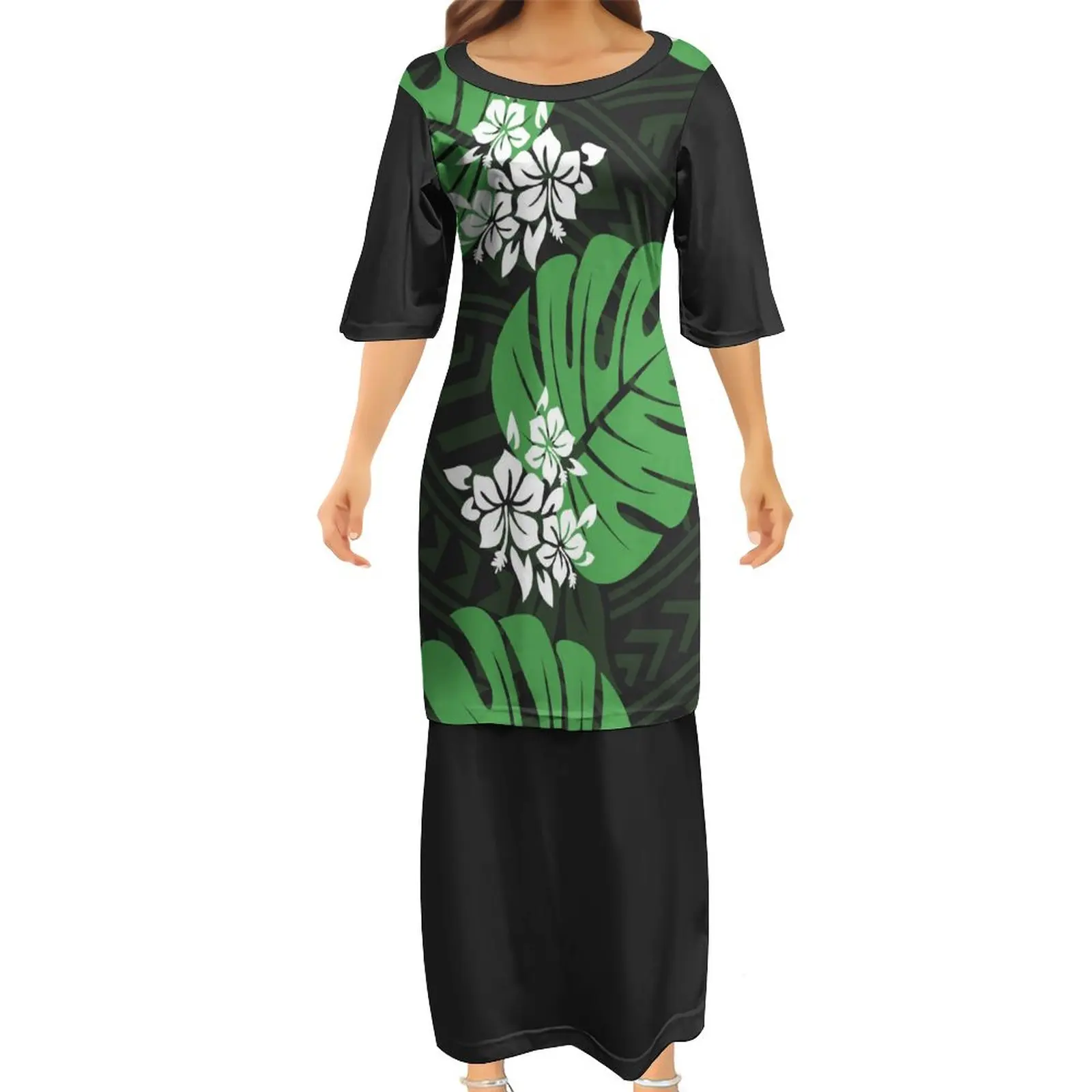 Polynesian Design Frauen Kleid mit Rundhals ausschnitt Puletasi Anzug Samoan Kleid mit Herren ah Roha Langarmhemd Paar Anzug