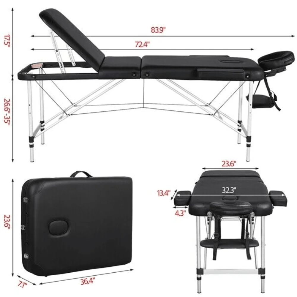 Aluminium Professional Massage Table Adjustable Portable Lashing Bed 3 Folding