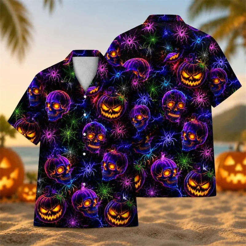 Men Halloween Hawaiian Shirt 3D Print Neon Skull Pumpkin pattern Lapel Short Sleeve Spooky Holiday Beach Party shirts Tops