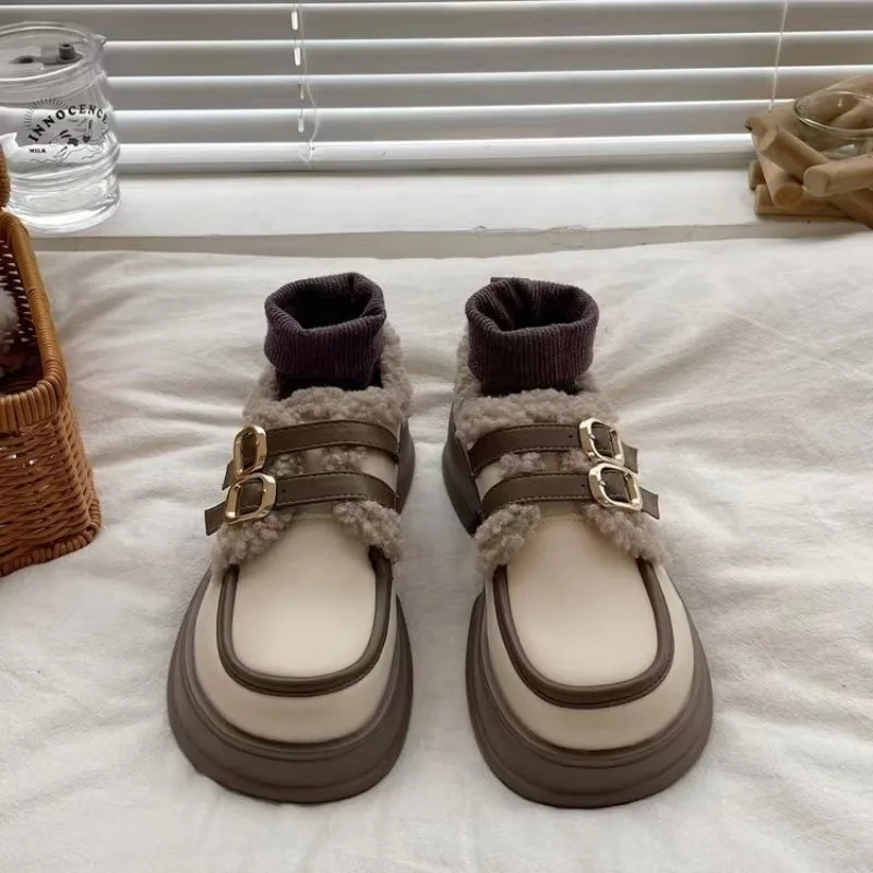 

Туфли женские с круглым носком, повседневная обувь, оксфорды, лоферы, универсальная обувь на толстой подошве, на меху, на высоком каблуке, Осень-зима