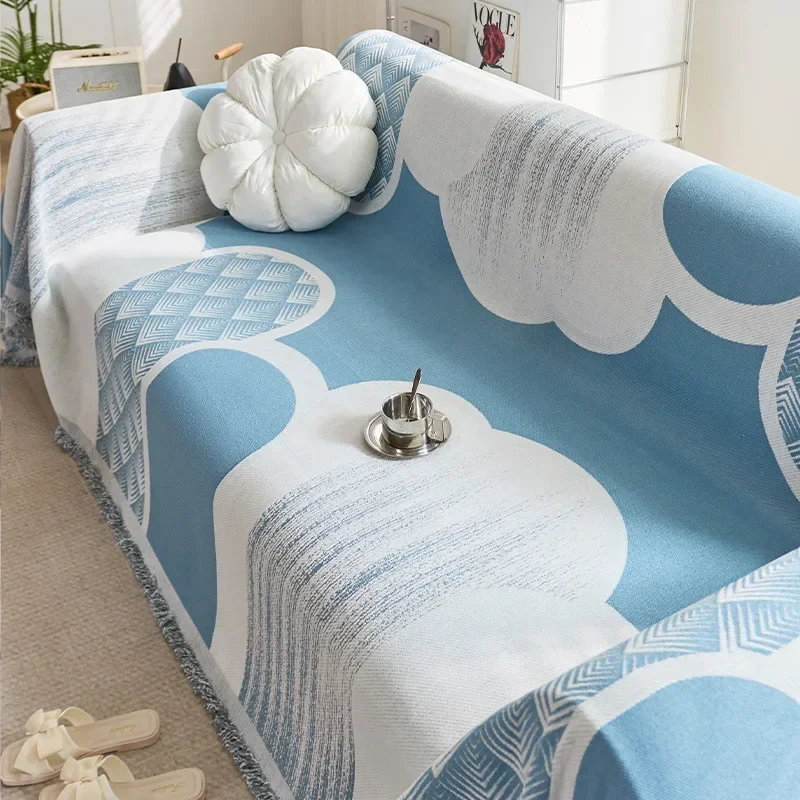 1PC Chenille Sofa Towel All-cover Coffee Striped Pattern Sofa Throw Blanket with Tassels Couch Protector Double Face Usable