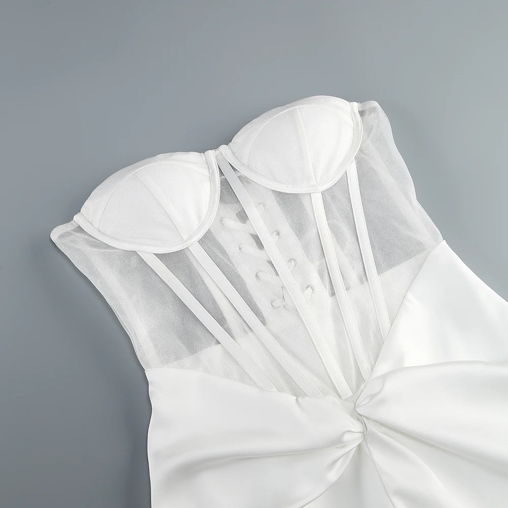 Nova tira de malha sexy com gravata traseira de espinha de peixe, cintura frontal feminina torcida e dividida vestido de festa de noite