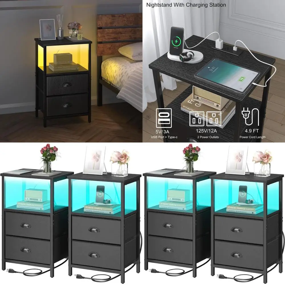 

2-Piece LED Nightstand Set with Charging Station, Fabric Drawers, and 3-Tier Storage for Bedroom - Black