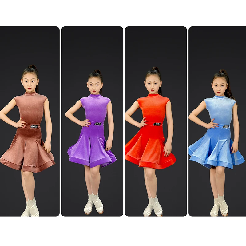 

High End Latin Dance Competition Dress For Girls Summer Slim Velvet Professional Dance Dress Kids Cha Cha Dance Wear DNV19915