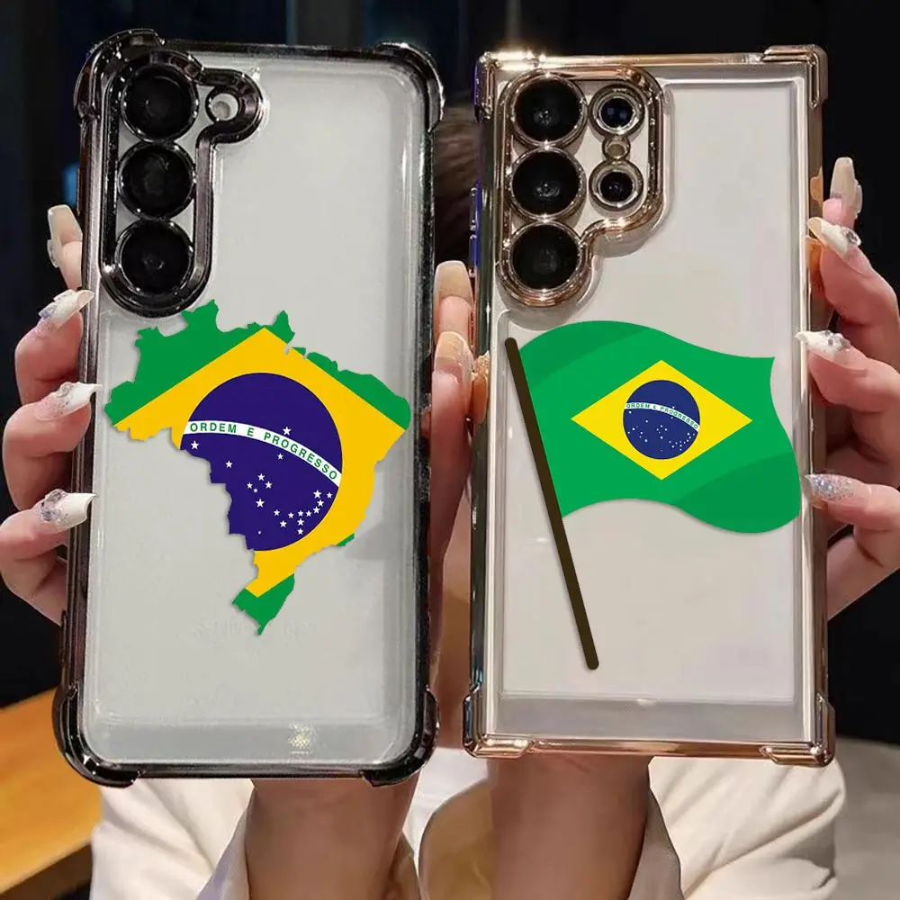 Transparent Plating Phone Case For Samsung S26 S25 S24 S23 S22 S21 S20 FE NOTE 20 PLUS ULTRA Shell Cover Brazilian Flags Emblem