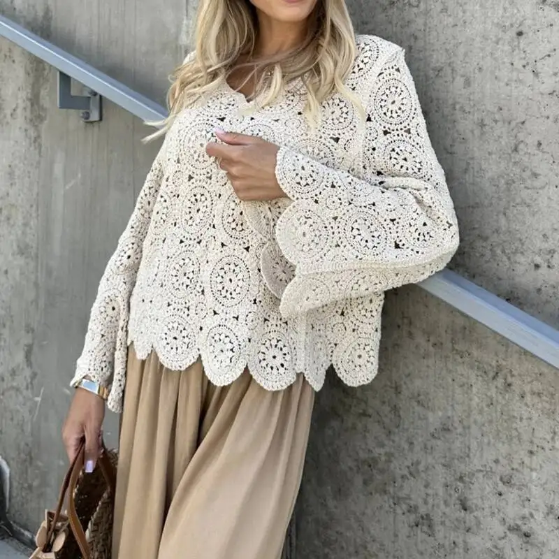 New Boho Style Crochet Hollow Out Blouse Women Elegant O Neck Jacquard Knitted Top Pullover Autumn Long Sleeve Loose Shirt Mujer