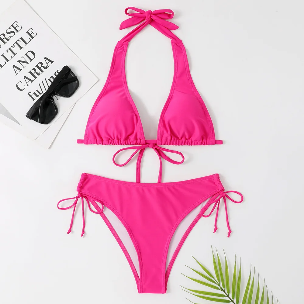2025 Halter ชุดว่ายน้ําบิกินี่ต่ําเอวสีดํา/สีแดง/Rose Beach ชุดว่ายน้ําราคาถูกผ้าพันคอชุดว่ายน้ําบราซิล 2 ชิ้นขาย