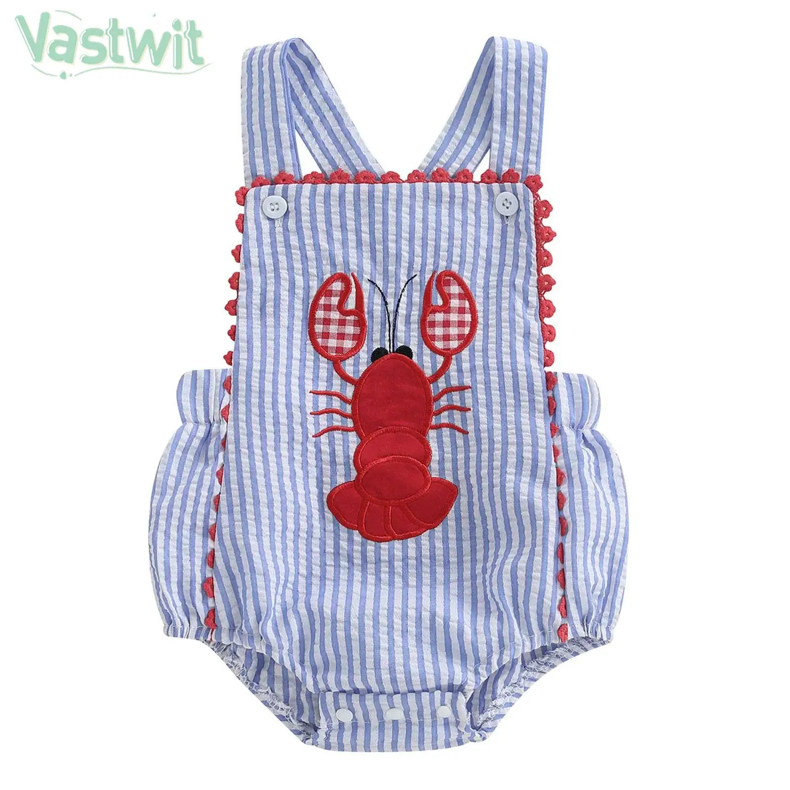 

Baby Boys Sleeveless Cute Lobster Embroidery Striped Print Casual Overalls Romper Daily Wear Holiday Party Photography Jumpsuit