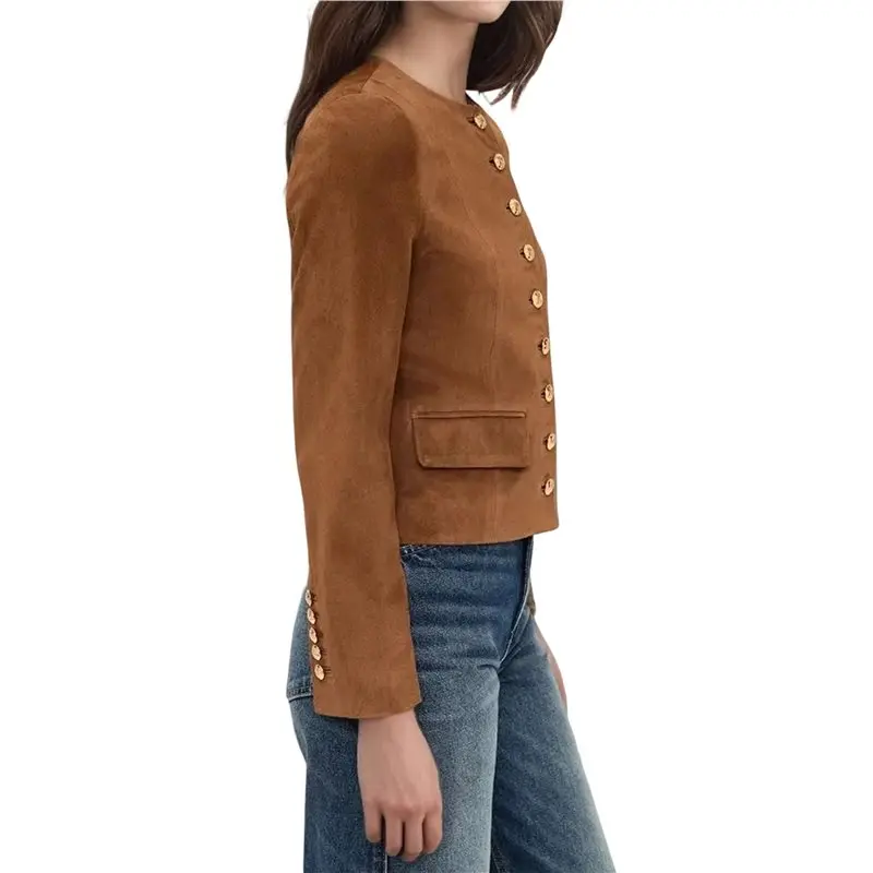 Jacket For Women Collarless Long Sleeve Trendy Outerwear Button Down Casual Cropped Jackets Brown S Eco-Friendly