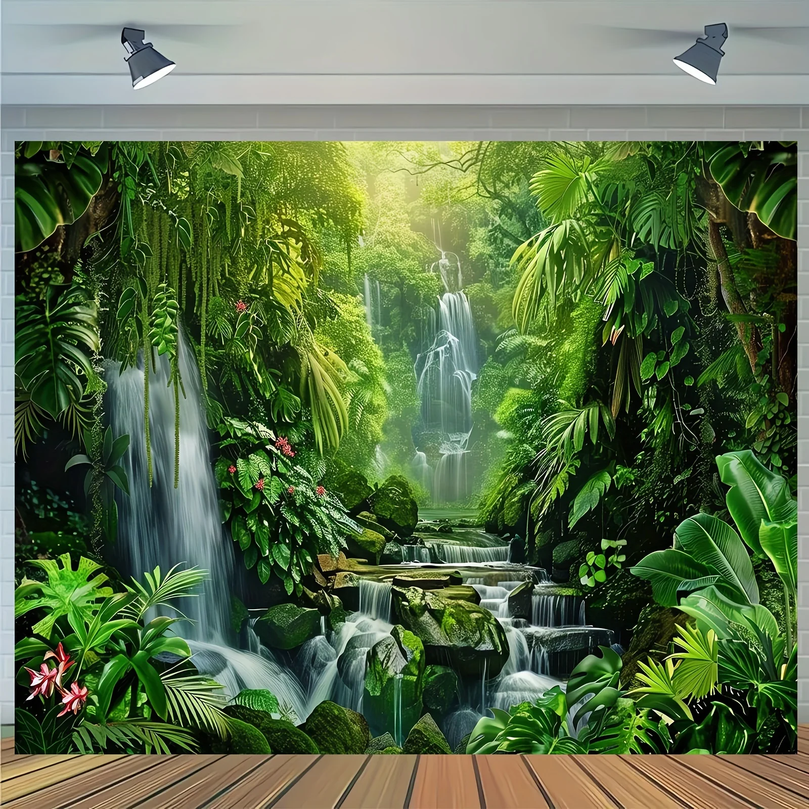 1 Stück Yongqing Wald-Wasserfall-Hintergrund – Polyester-Party-, Frühlings- und Sommer-Dschungel-Landschaftsfotografie-Hintergrund