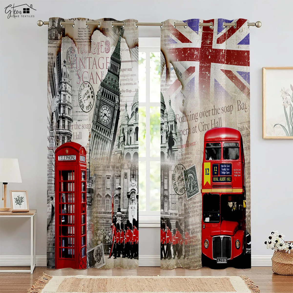 Black And White City Building 3d Printed Curtains Building Street View Red Bus Yellow Car Simple Modern Decorative Curtains 2PCS