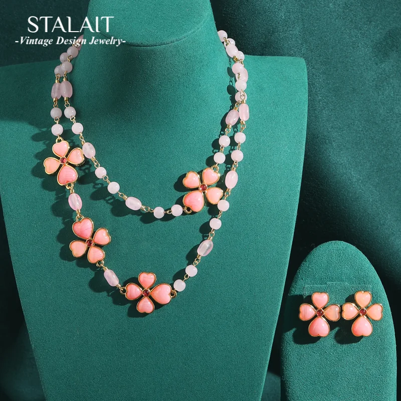 

Vintage Pink Jewelry Sets Luxury Natural Opal Clover Earring And Necklace 4 Leaf Princess Crystal Hibiscus Rose Quartz Women