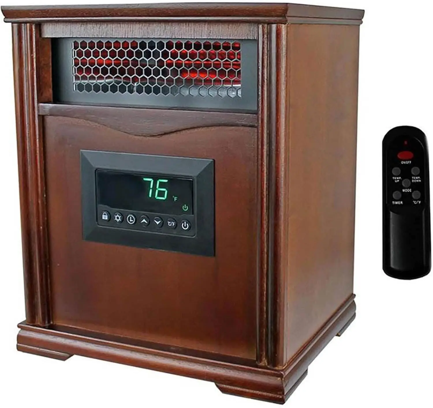 Portable Electric Infrared Quartz Space Heater for Indoor Use with 4 Heating Elements and Remote Control, Brown Oak Wood