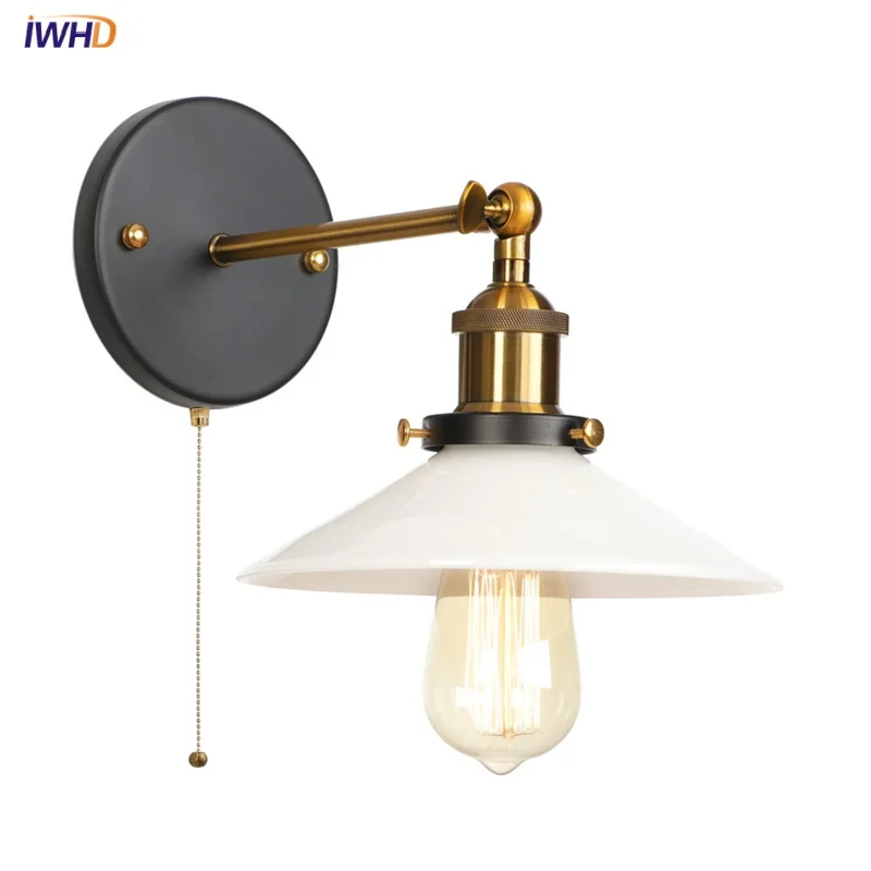 

IWHD Iron Pull Chain Switch LED Wall Lamp Interior Home Decor Porch Stair Light Fixtures White Glass Industrial Vintage Wandlamp