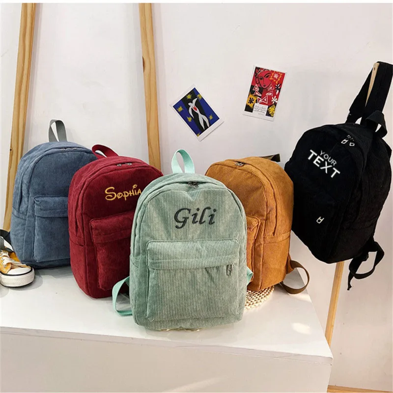 Personalized Embroidered Corduroy Travel Bag Student Backpack Custom Any Name Large Capacity Schoolbag for Student and Adult