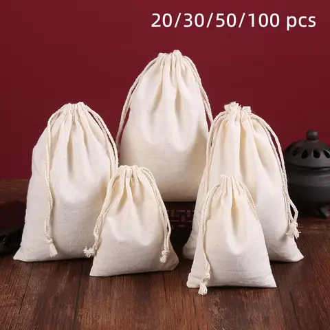 50/100 unids/lote 100% bolsas de almacenamiento con cordón de algodón para paquete de regalo fiesta de Navidad artesanía de boda embalaje bolsas lisas