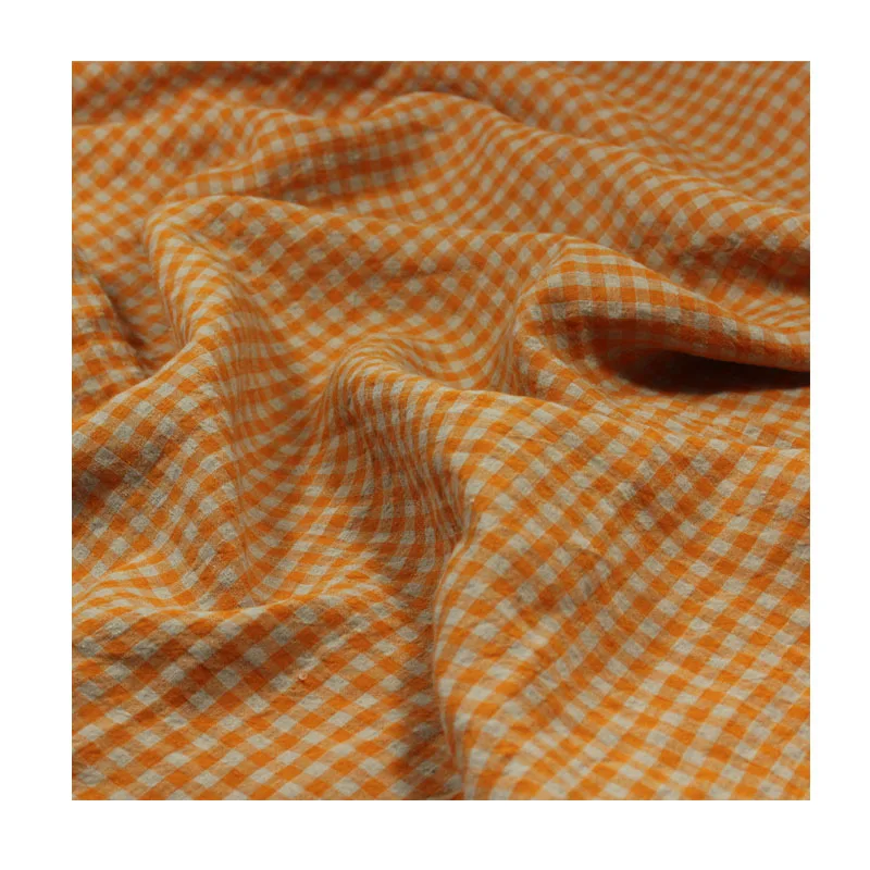 Orange Plaid Artistic Pure Linen Fabric Cheongsam Dress Shirt Clothing Pants Designer Fabric