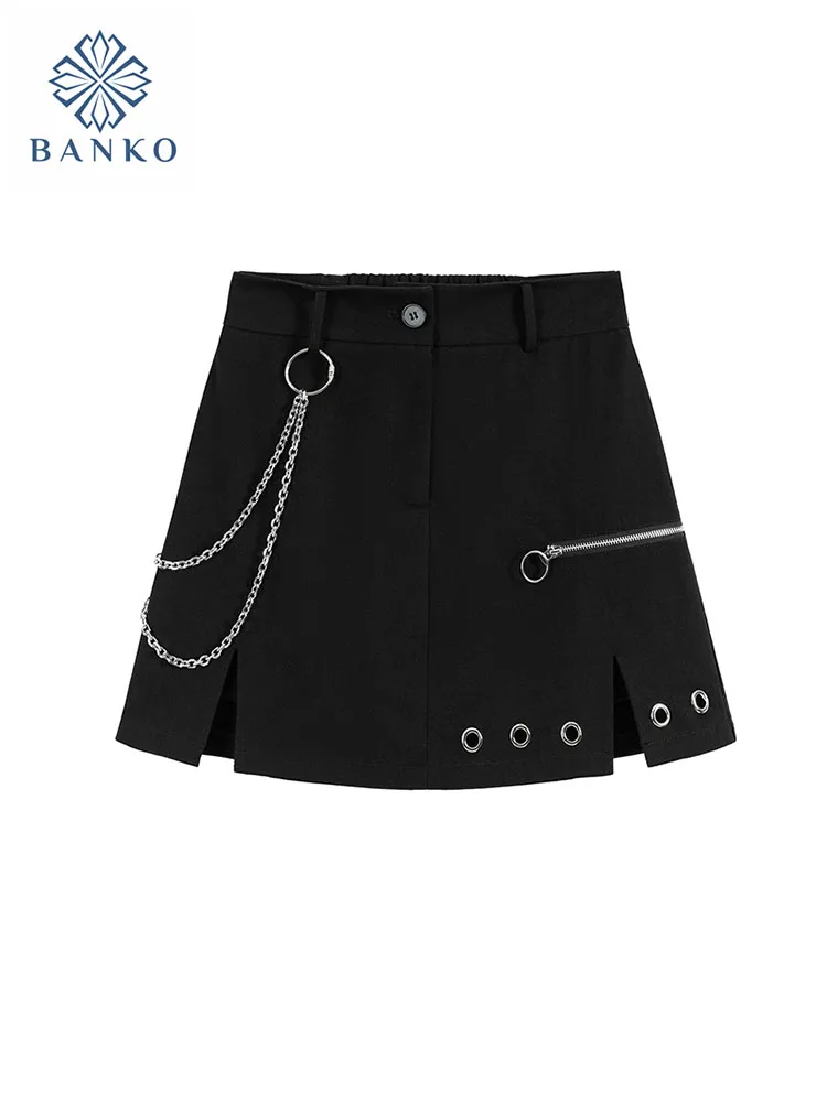 

High Street Solid Mini Skirt Gyaru Women Gothic Summer Korean Style Sexy Tide Kpop A-Line Skirts Chain Punk Grunge Party Prom