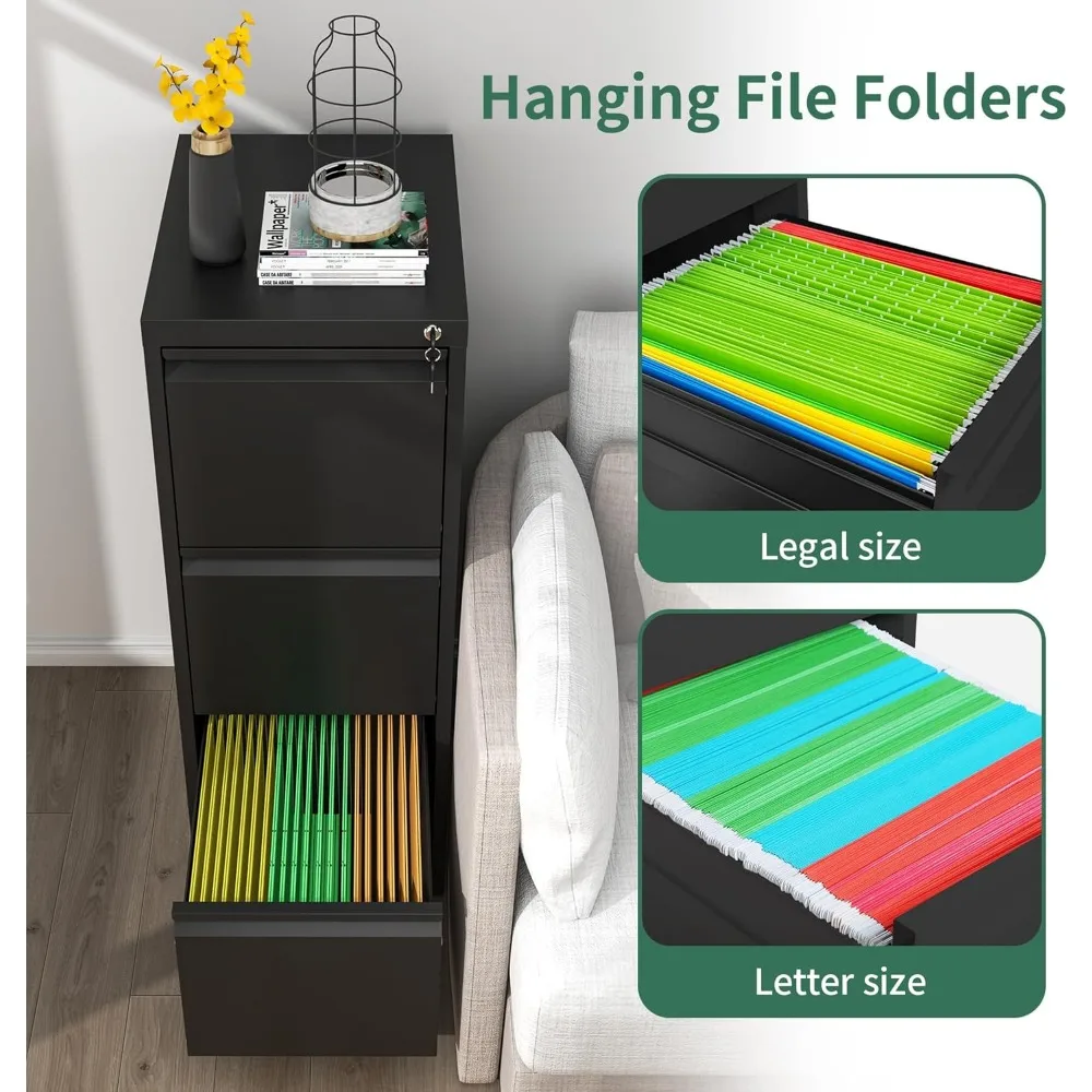 Heavy Duty Steel Vertical File Cabinet with Lock for Home Office, Ideal for Hanging Letters, Legal Size Documents Storage
