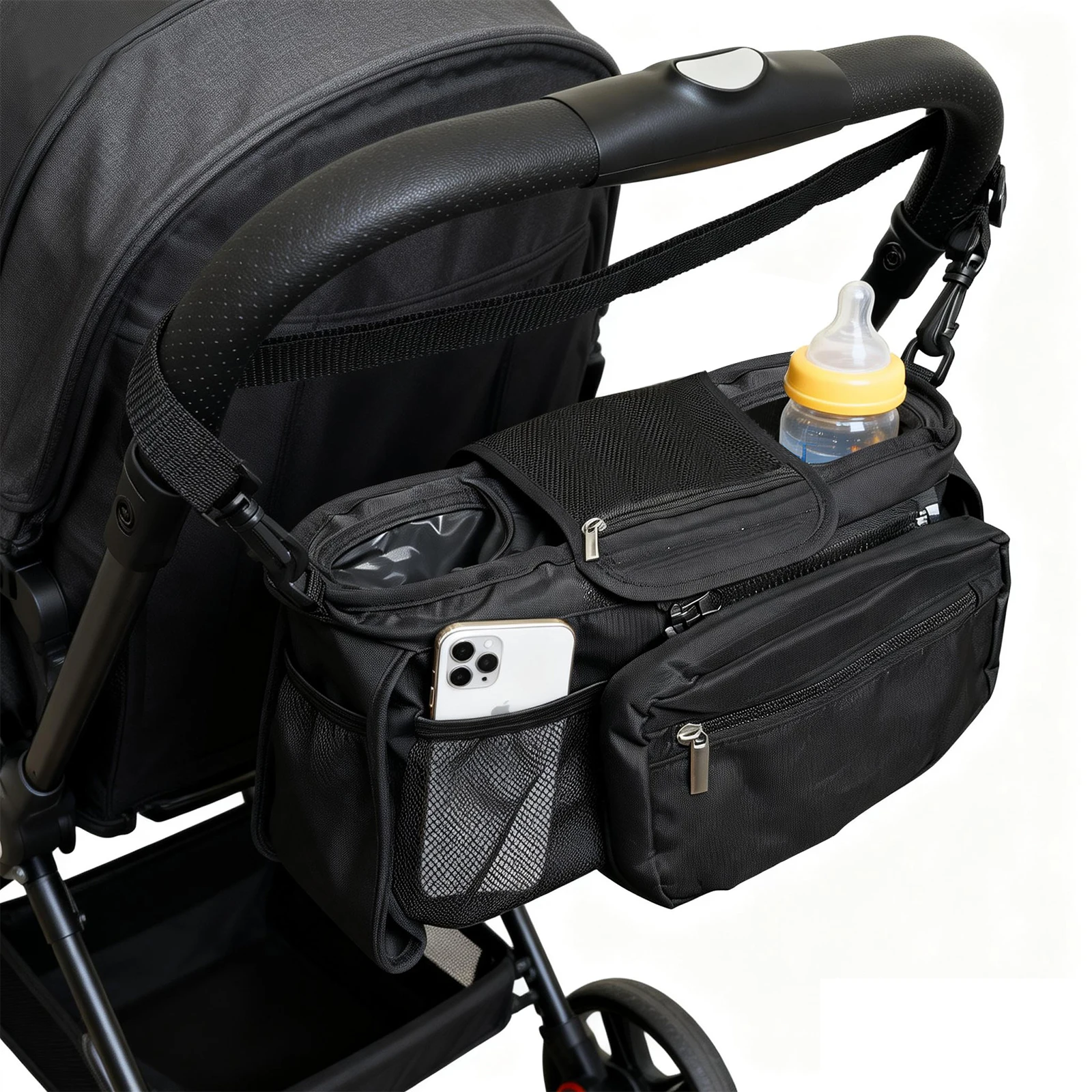 Baby Stroller Storage Organizer | Insulated Drink Pockets, Easy Access Phone Mesh Pocket, Fits All Strollers, Detachable Crossbody Stroller Caddy Bag for Parents