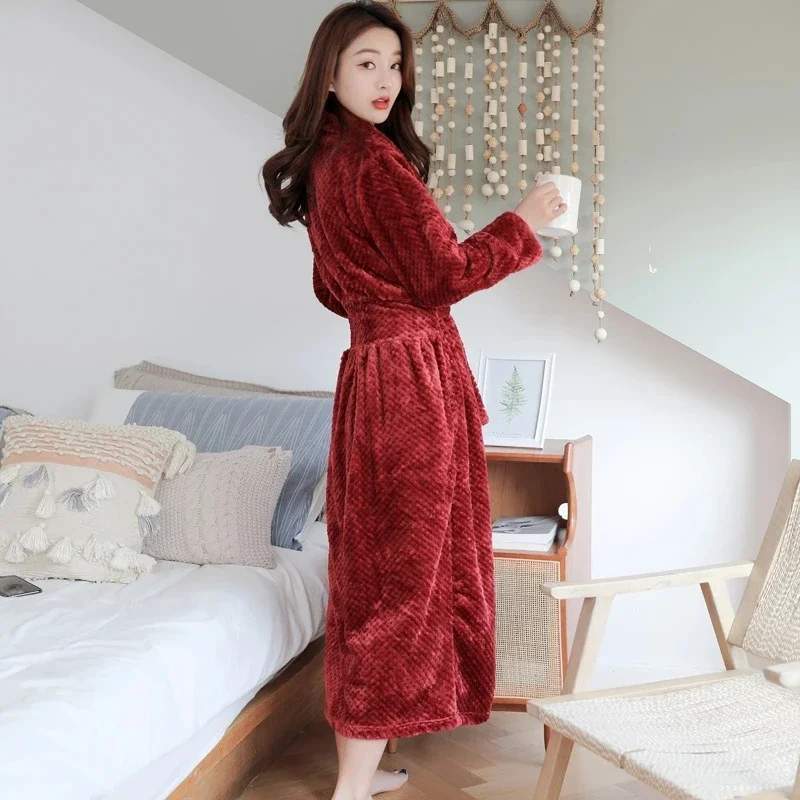 Winter Warm Coral Fleece Kimono Robe Gown Women Nightdress Sleepwear Nightwear Long Bathrobe Intimate Lingerie 2024 New Homewear