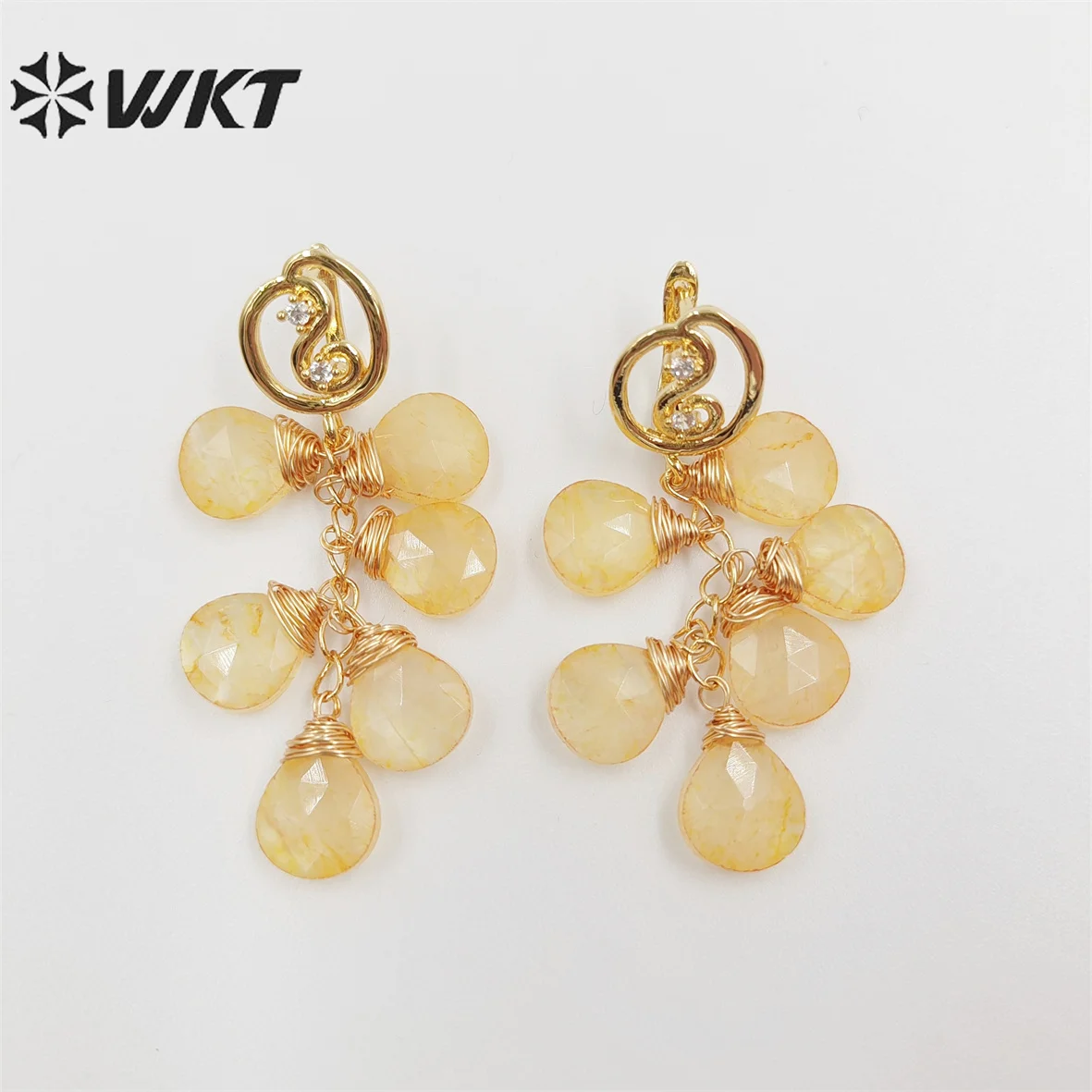 WKT-E672 Amazing Handmake fashion wire wrapped water drop natural chalcedony stone dangle earrings charming women jade earrings