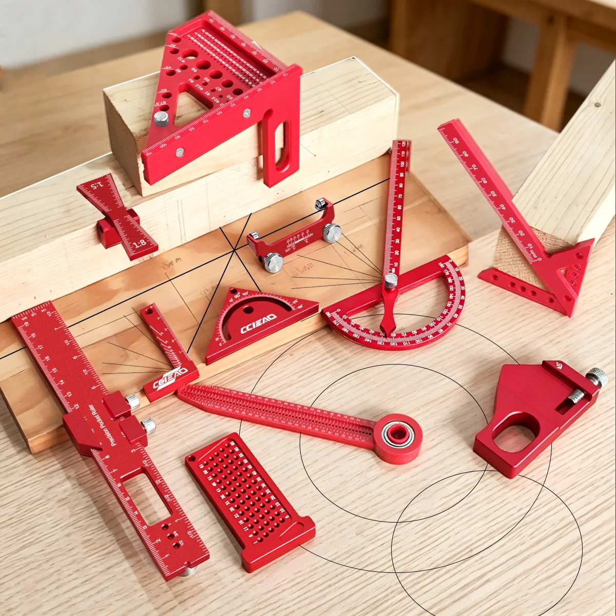 12Pcs Woodworking Layout Marking Gauge Kit, Aluminum & Plastic Multi-angle Carpenter Measuring Ruler Combination Carpenter Tools