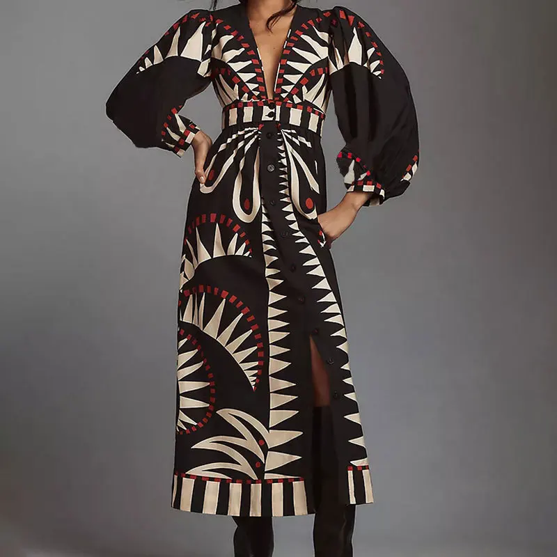 Novo outono vestido longo retro impresso lanterna de manga comprida vestido feminino sexy profundo decote em v casual solto camisa feminina vestidos robe