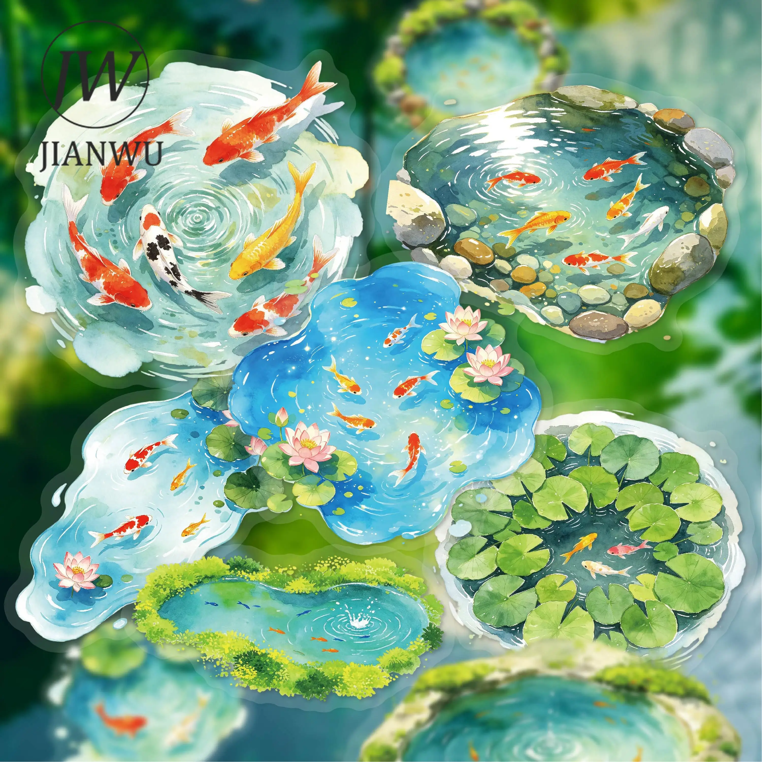 JIANWU Vintage Pond Fish Landscape Material Collage Scrapbooking PET Sticker Creative DIY Journal Stationery