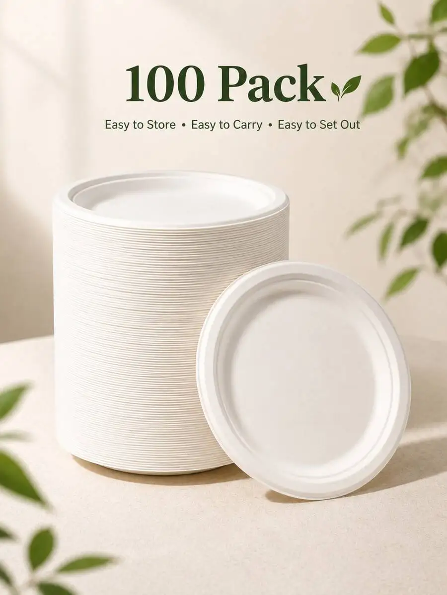 50/100 Pack 9 Inch Compostable Disposable Paper Plates, White Heavy Duty Sugarcane Bagasse Dinner Plates For Party, BBQ, Picnic,