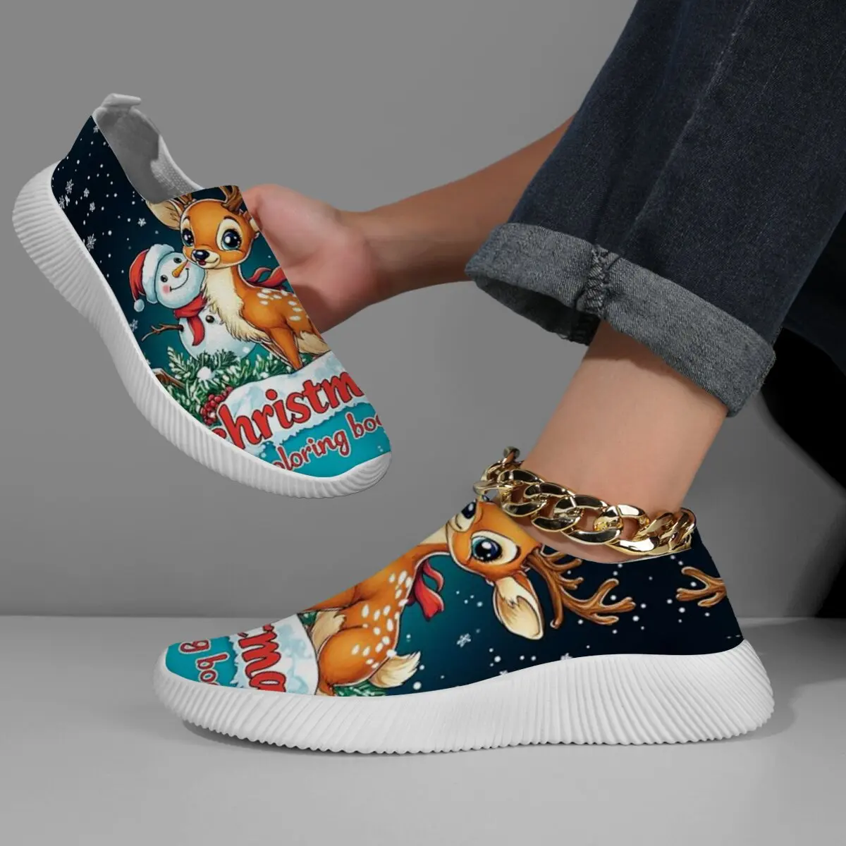 

Женские лоферы, рождественские кроссовки без шнуровки с принтом оленей и снежной книгой, уличные кроссовки для ходьбы, дышащие кроссовки, обувь на плоской подошве