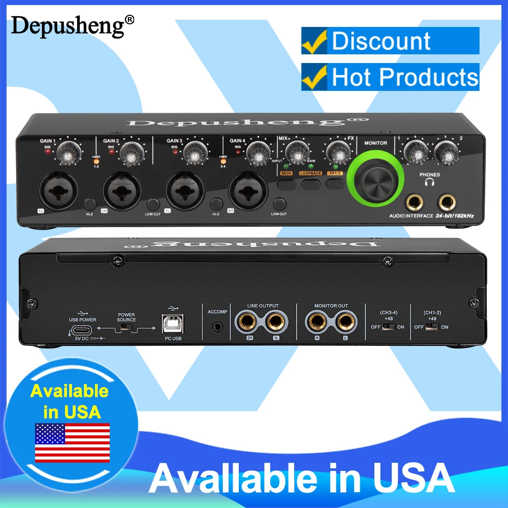 Professional Sound Card Audio Interface Depusheng RX4  AD Converter with Monitoring Electric Live Recording