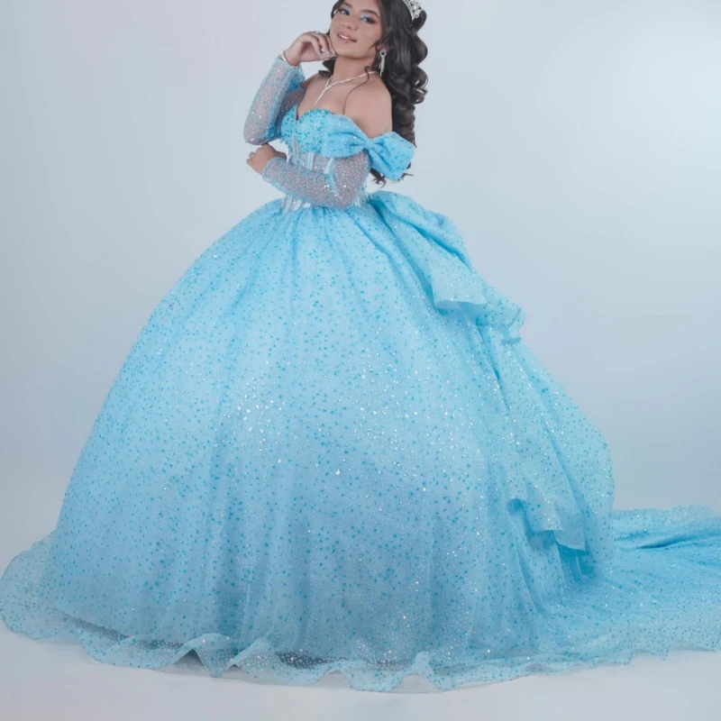 

Sky Blue Shiny Quinceanera Dresses Ball Gown Off The Shoulder Beading Crystal Bow Tull Party Birthday Sweet 16 Dress Vestidos 15