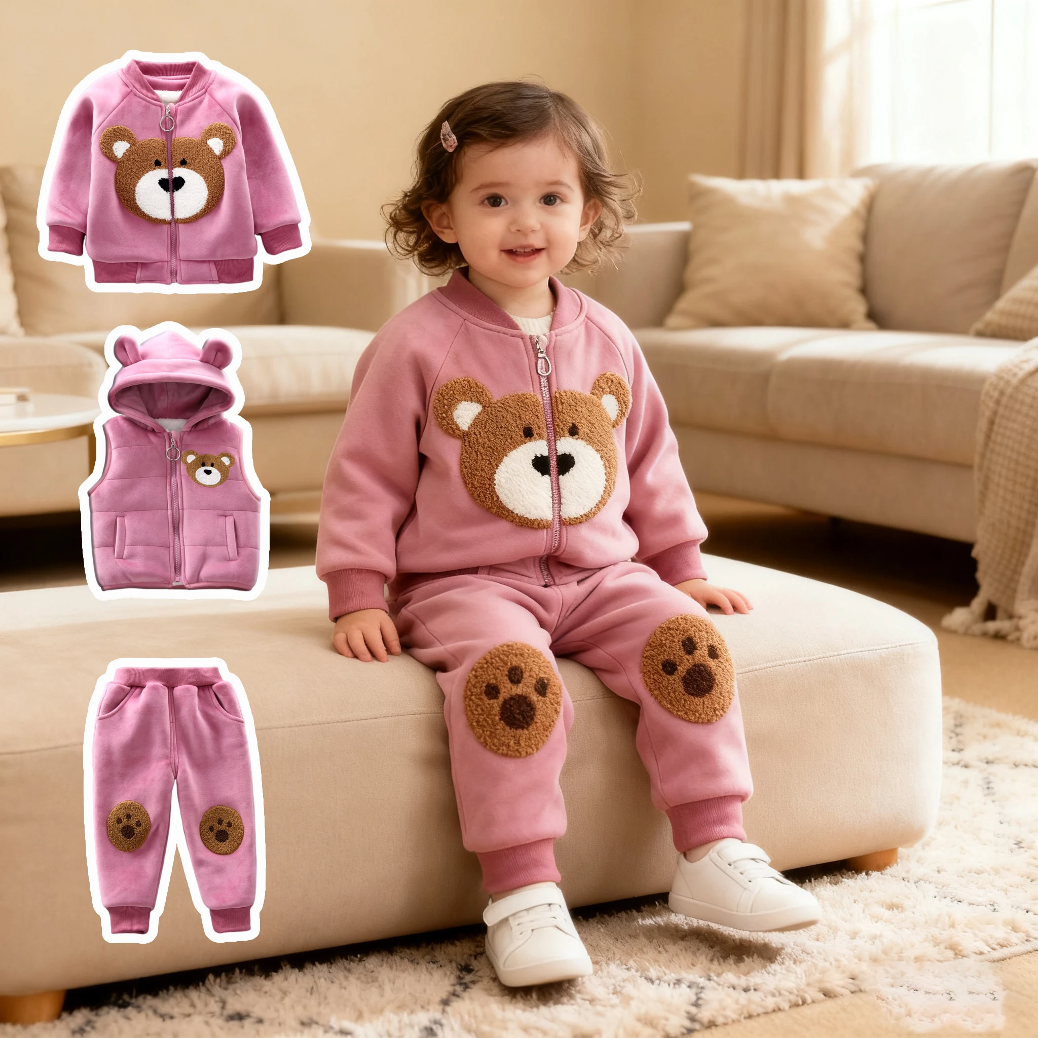 

Autumn Winter toddler boy outfits cartton bear vest+jacket+pants 3pcs sets newborn comfortable clothing New year costume