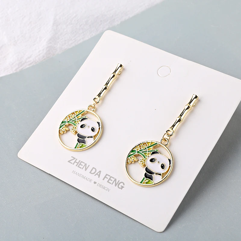 1pcs National Treasure Panda Round Pendant Bamboo Belt Hanging 925 silver needle Earrings Diy Handmade Earrings Material