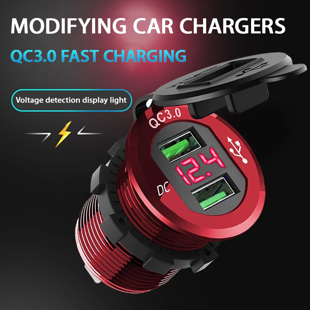 

12V USB Outlet Car Quick Charge 3.0 Dual USB Charger Socket with LED Voltmeter Waterproof Aluminum Car Charger for Marine Truck