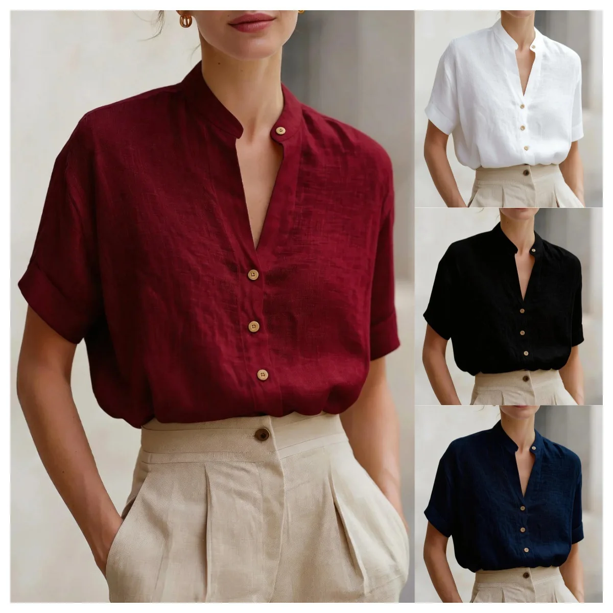 

2026 Summer V-neck Short-sleeve Linen Shirt Casual Simple Versatile Top For Women