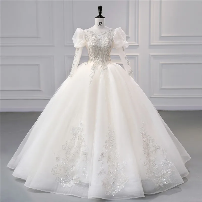 Langarm Brautkleider neue vestido de noiva klassische Champagner Ballkleid süße Puff ärmel Prinzessin Robe de Mariee