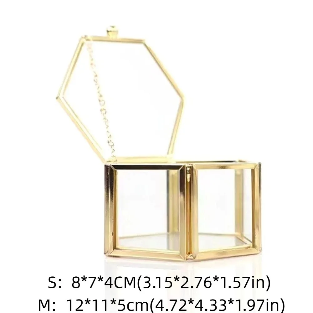 Boîte de rangement en or, boîte à bagues hexagonale géométrique en verre, boîte de rangement de bijoux, luxueuse boîte à bagues de mariage rétro