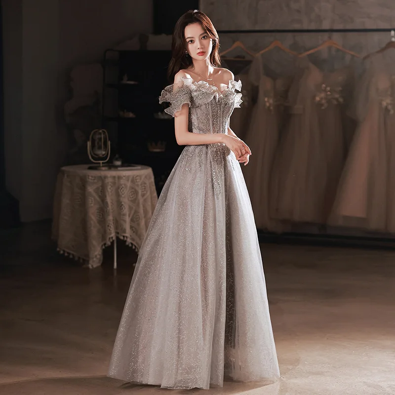 Elegant Off The Shoulder Evening Dresses Strapless Sequin Beaded Tulle Shiny Slim Backless Floor-Length A-Line Prom Gowns