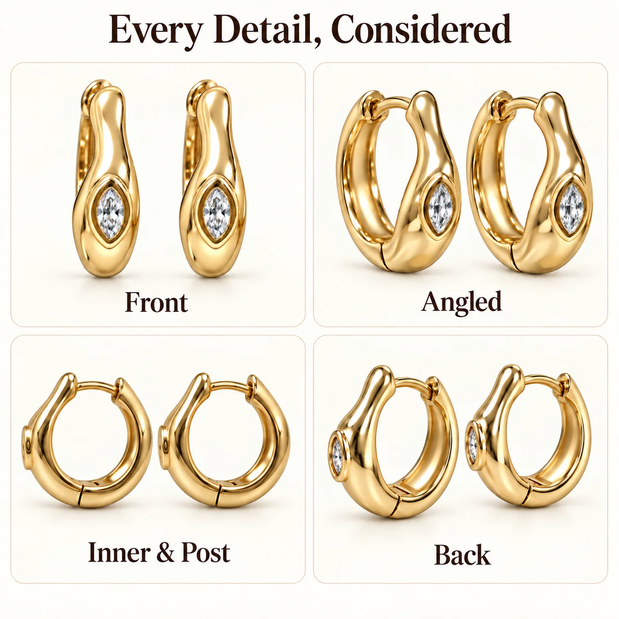 Moonmory Einzigartiges Design Lava-Creolen für Damen, 5A Marquise CZ Unregelmäßige Messing-Creolen, 14K Vergoldet, Großhandelsschmuck – Detail 9