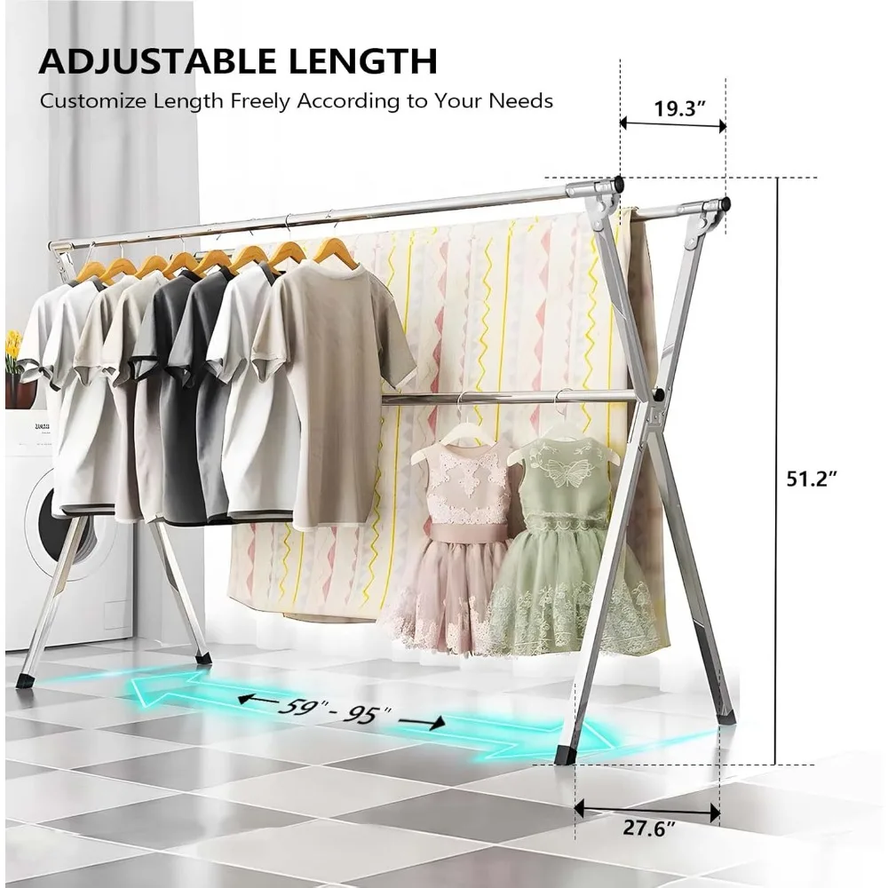 Heavy-Duty Stainless Steel Laundry Drying Rack, 95 Inches Foldable Indoor/Outdoor Portable Clothes Drying Rack for Home Use