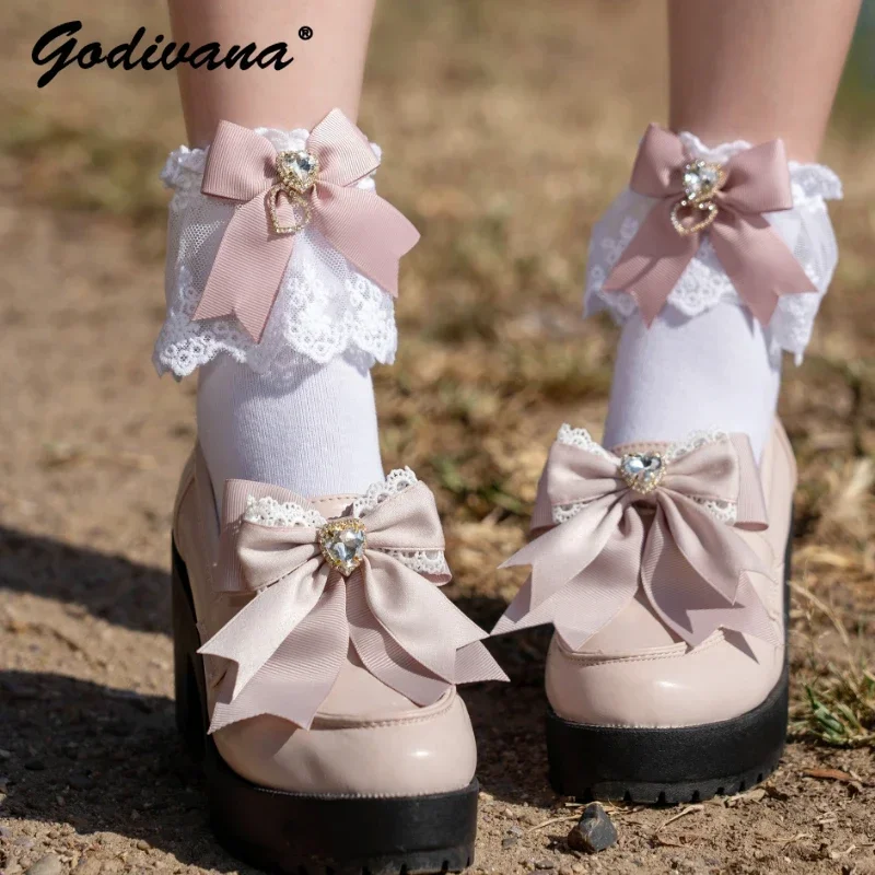 Japanese Handmade Heart Rhinestone Lace Bow JK Uniform Shoes Clip Sweet Shoe Buckle JK Mine Series Mass-Produced Shoe Clips