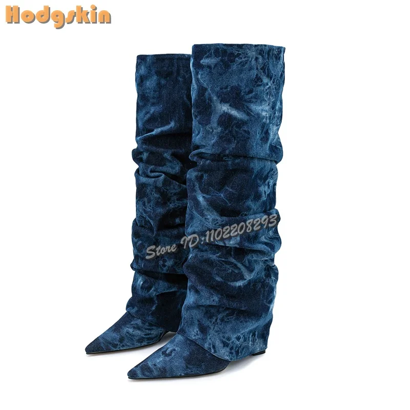 

Retro Blue Wedge Knee-high Boots Frosted Pleated Pointed Toe Slip-on Fashion Modern Boots 2025 Autumn Women Shoes Street Style