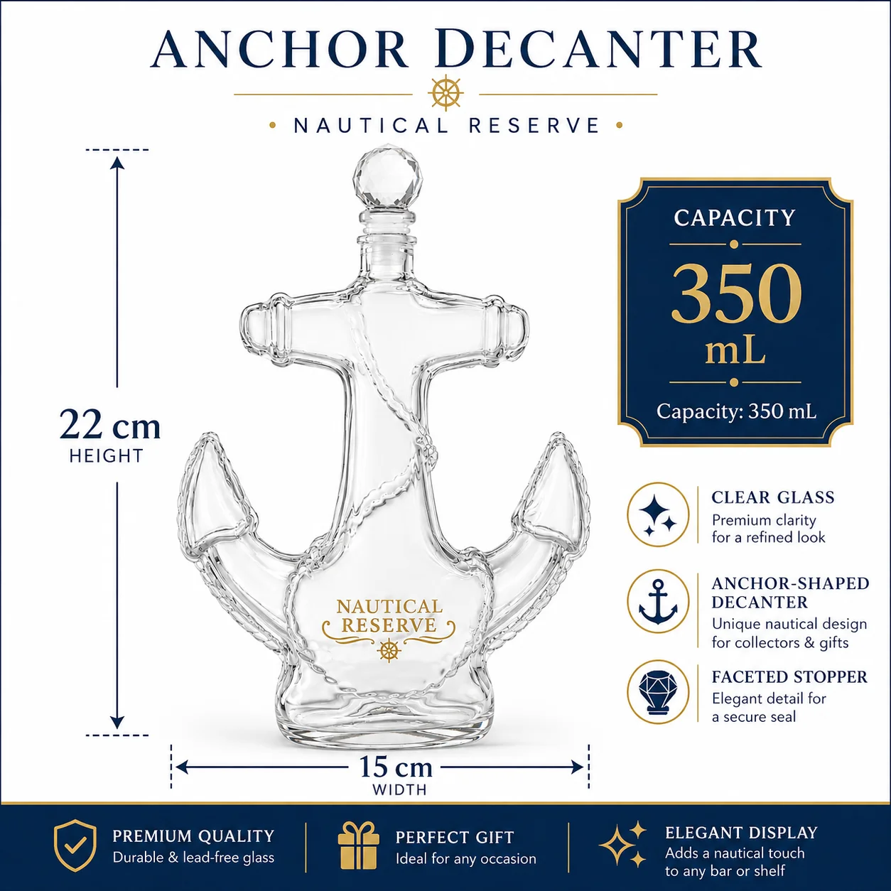 Nautical Anchor Glass Decanter Bottle Clear Spirit Wine Carafe For Whiskey Brandy Rum,Creative Maritime Home Bar Cabinet Display
