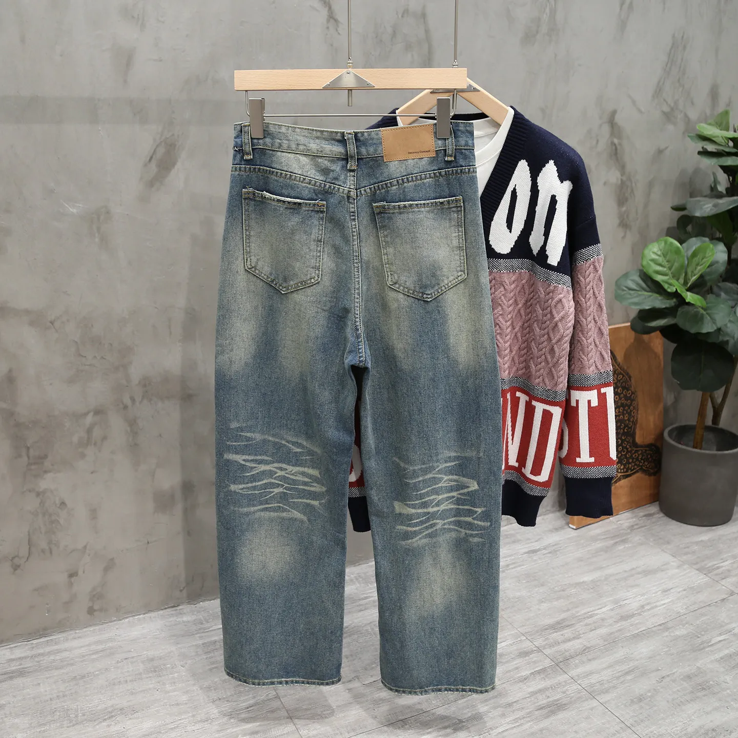 Fashion Scratched Ripped Jeans For Men High Street Washed Spliced Loose Denim Pants Casual Retro Street Style Male Trousers