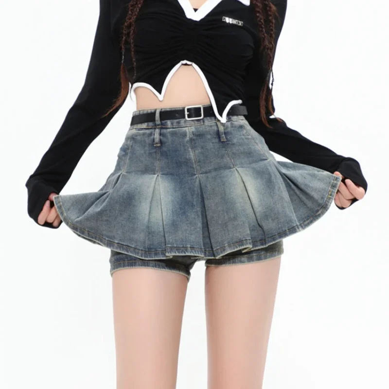 Deeptown Vintage Pleated Denim Skirt Women Sexy Y2k Ruffle Mini Skirt Shorts Retro Casual Summer Streetwear A-line Jean Skirts