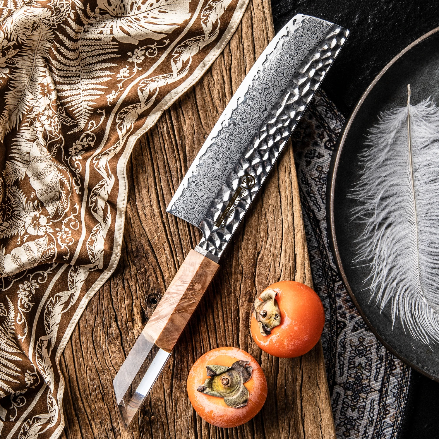 GRANDSHARP 7 Inches Nakiri knife 67 Layers Damascus Steel AUS-10 Core Transparent Resin and Wood Handle Chefs Kitchen Knife Gift